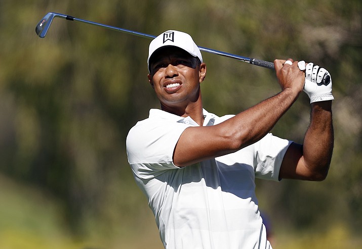Tiger Woods tees off on the fourth hole during the second round of the Genesis Open golf tournament at Riviera Country Club on Friday, Feb. 16, 2018, in the Pacific Palisades area of Los Angeles. (Ryan Kang/AP)