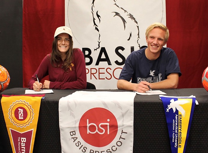 BASIS Prescott student-athletes Cori Sullivan, left, and Gavin Underwood sign their national letters of intent Feb. 7, 2018, to play soccer at the next level. (Abby Pressly McCarty/Courtesy)