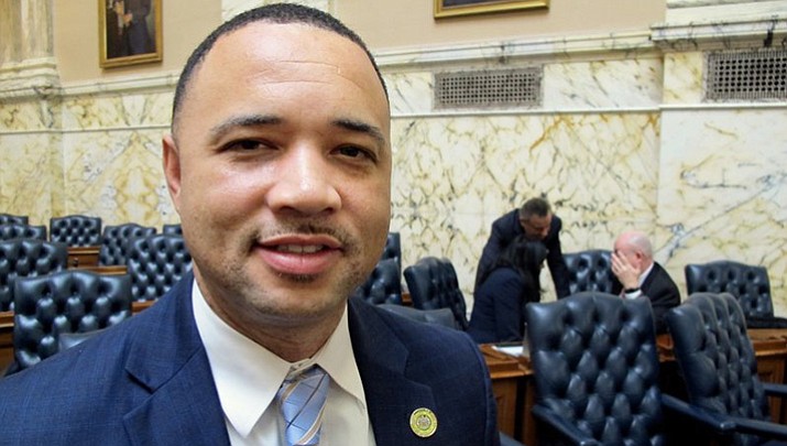 Maryland Del. Antonio Hayes, a Baltimore Democrat, talks about his bill to change the official state song in the Maryland House of Delegates on Friday, Feb. 16, 2018, in Annapolis, Md. His proposal is one of several under consideration this year to wipe “Northern scum” and other sensitive pre-Civil War phrases out of the official state song. (AP Photo/Brian Witte)

