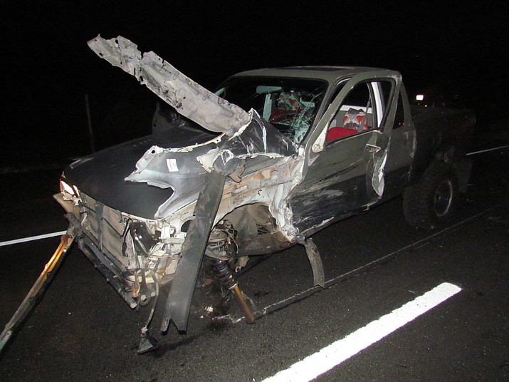 A Toyota pickup, driven by an impaired driver, was totaled when it collided with an Arizona Department of Public Safety trooper’s vehicle Sunday evening, Feb. 18. The driver was not injured. (PVPD)