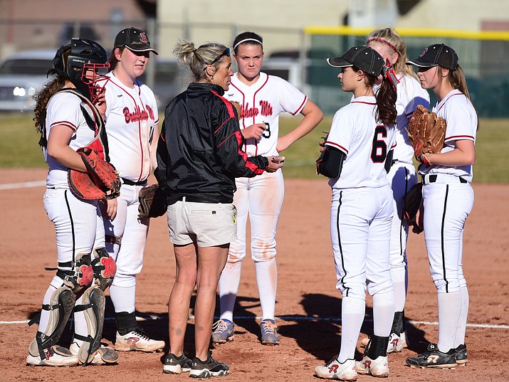 Bradshaw Mountain head coach Sharon Haese talks to her players March 2, 2017. Haese will have eight sophomores and two freshman on this spring’s club. (Les Stukenberg/Courier, File)