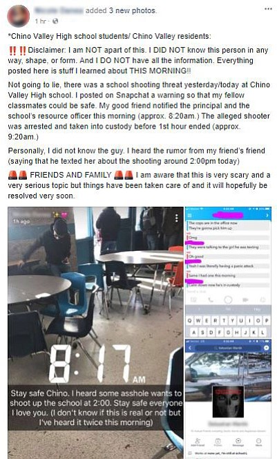 A Chino Valley High School student decided to post a warning on Facebook Wednesday morning, Feb. 21, to let peers and fellow Chino Valley residents know there was an alleged threat against the school. Police are asking that people do not make such posts in the future, for it often leads to the spread of misinformation. Instead, call the police directly so they may validate the information before sharing it with the public.