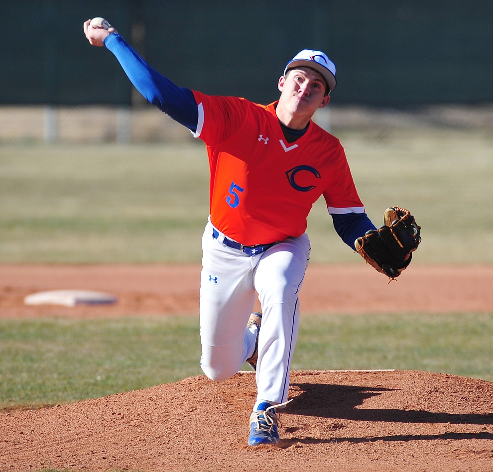 Chino Valley's Tyler Hixon delivers a pitch as the Cougars play the Snowflake Lobos to open the 2018 baseball season Thursday afternoon in Chino Valley. (Les Stukenberg/Courier)