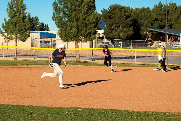 Camp Verde softball players practice running the bases on Tuesday afternoon. The Cowboys, who were a state semifinalist last year, opened the season with a 14-2 run rule win at Mayer on Wednesday. (VVN/Halie Chavez)