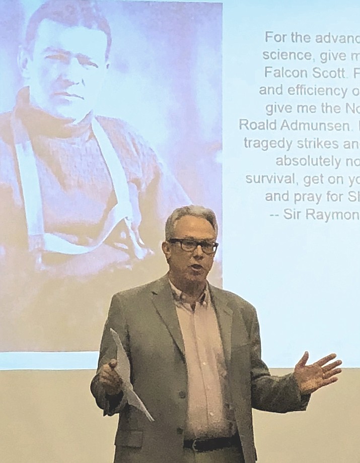 Dan Engler addresses Verde Valley Leadership Class XII Feb. 18 on the leadership lessons learned from Sir Ernest Shackleton”Endurance” expedition to Antarctica in 1914. The presentation by Engler and his wife, Patty, concluded with gifts for all members of the class. (VVL courtesy photo)

