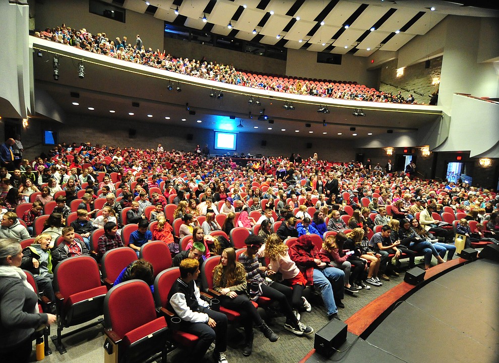 Students arrive before the Prescott Pops Symphony performs for 2200 third to fifth grade students from around Yavapai County in the annual Music Memory Concert at the Yavapai College Performance Hall Thursday morning. (Les Stukenberg/Courier)