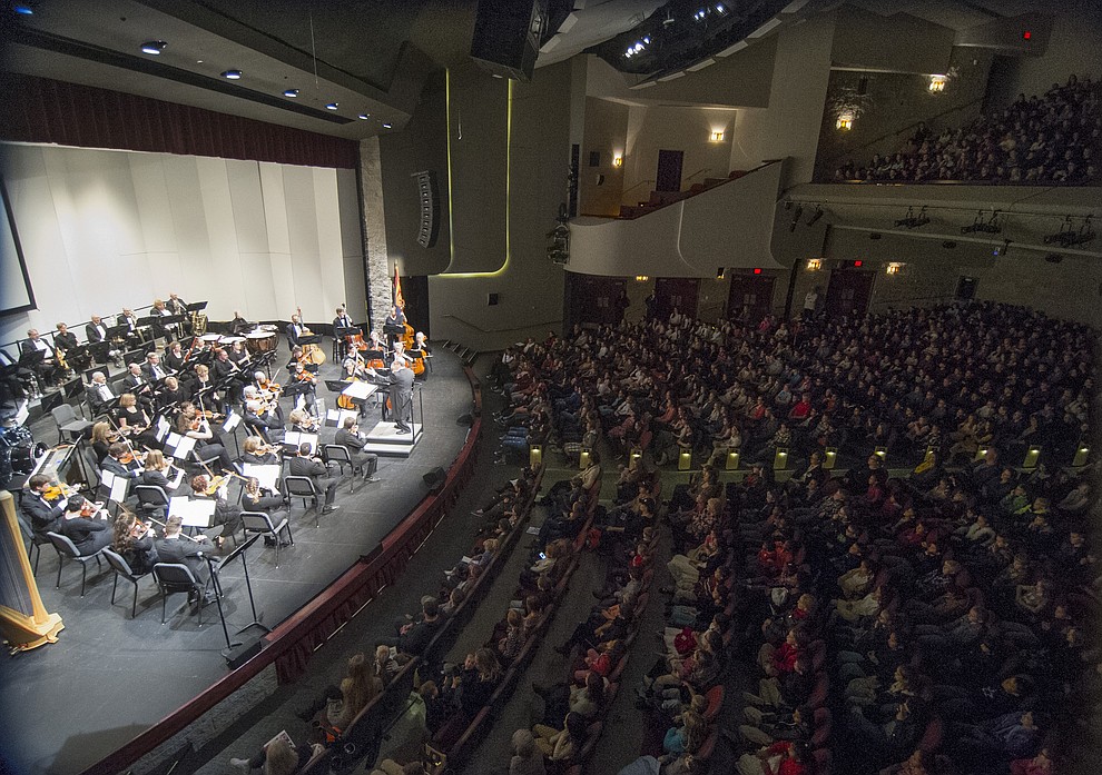 The Prescott Pops Symphony performs for 2200 third to fifth grade students from around Yavapai County in the annual Music Memory Concert at the Yavapai College Performance Hall Thursday morning. (Les Stukenberg/Courier)