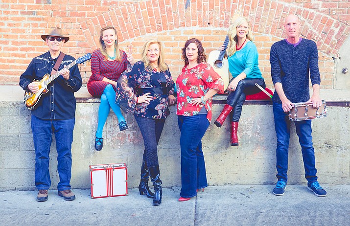 The Gurley Girls, now with men, will perform at Thumb Butte Distillery, starting at 6 p.m. Friday, March 2. L-R: Bill “Papa Wolf” Wolff, Kerry Johnson, Joell Gall, Sheri Schmidt, Jennifer Harvey and Steve Nelson. (Jennifer Harvey/Courtesy)