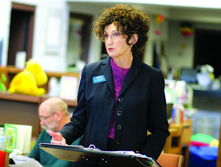 Dr. Karen Gasket, leadership consultant with Arizona School Boards Association, spent more than two hours Tuesday telling the Camp Verde school board what ASBA could do for the district as its superintendent search resource. (Photo by Bill Helm) 