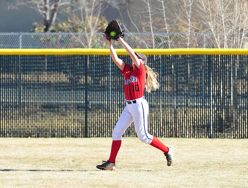 Bradshaw Mountain's Lyndsey Busch makes the catch in right field as the Bears take on the Flagstaff Eagles in softball Tuesday in Prescott Valley. (Les Stukenberg/Courier)