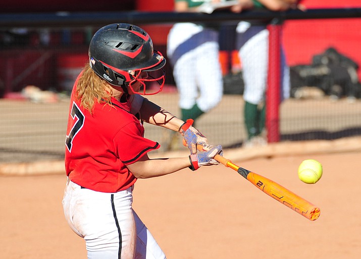 Bradshaw Mountain’s Shelby Dilcher (7) makes contact as the Bears face Flagstaff on Tuesday, March 6, 2018, in Prescott Valley. A late steal of second base led to the go-ahead run for the Bears in a 3-2 win over the rival Eagles. (Les Stukenberg/Courier)