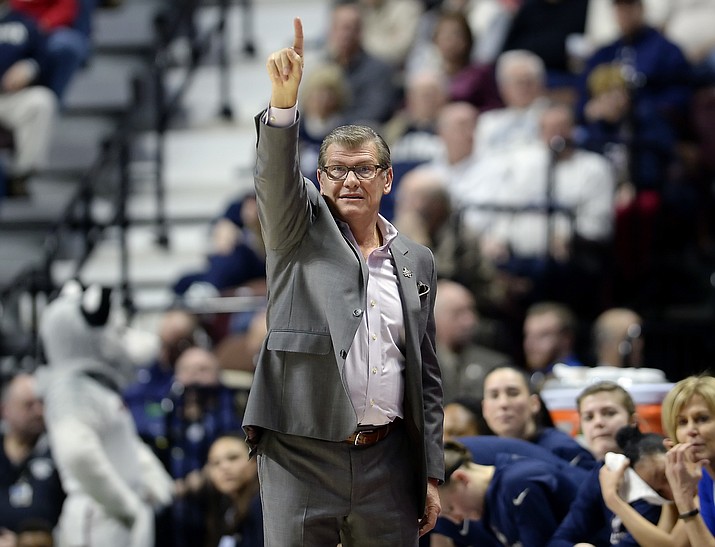 In this March 6, 2017, file photo, Connecticut head coach Geno Auriemma gestures to his team during the first half against South Florida in the American Athletic Conference tournament finals in Uncasville, Conn. (Jessica Hill/AP, File)