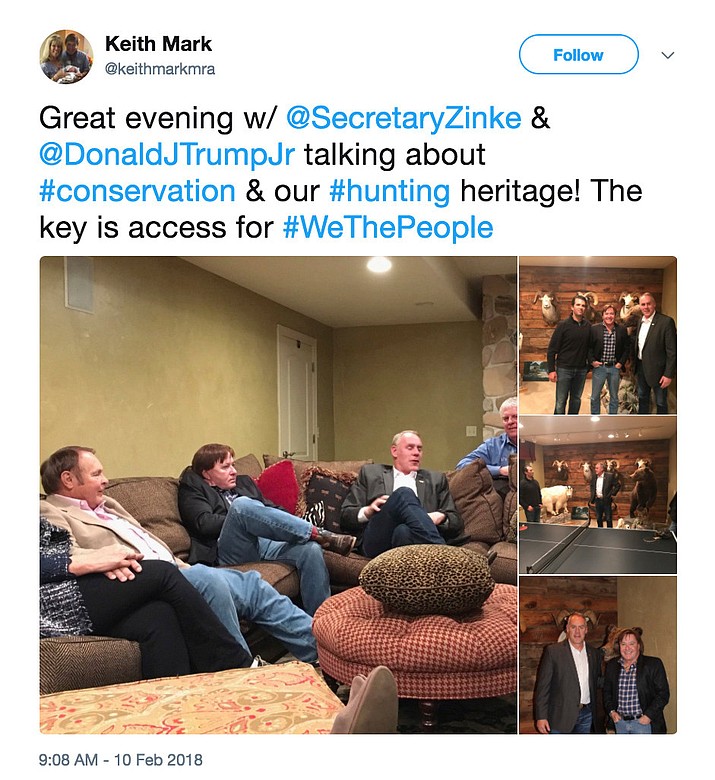 This screenshot of Twitter post from the page of Keith Mark shows photos of Interior Secretary Ryan Zinke meeting with Donald Trump Jr. and Keith Mark. A new U.S. advisory board created to help rewrite federal rules for importing the heads and hides of African elephants, lions and rhinos is stacked with trophy hunters, including some members with direct ties to President Donald Trump and his family. Donald Trump Jr. is friendly with another member of the advisory council _ hunting guide and TV show personality Keith Mark. He helped organize Sportsmen for Trump during the 2016 presidential campaign and recently posted photos on his Twitter page of himself with Trump Jr. and Zinke, standing before an array of mounted big-horn sheep and a bear. “I see the world from a hunting lifestyle,” Mark told the AP, adding that he has no preconceived agenda for his service on the conservation council. “It’s the most pure form of hands on conservation that there is. I will approach all decision-making with my background.” (Twitter via AP)

