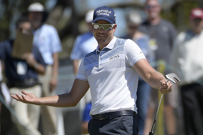 Henrik Stenson, of Sweden, reacts after missing a putt on the second green during the third round of the Arnold Palmer Invitational golf tournament Saturday, March 17, 2018, in Orlando, Fla. (Phelan M. Ebenhack/AP)