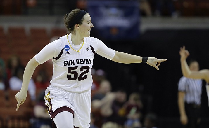 Arizona State forward Jamie Ruden (52) celebrates a score during a first-round game in the NCAA women's college basketball tournament against Nebraska on Saturday, March 17, 2018, in Austin, Texas. (Eric Gay/AP, File)