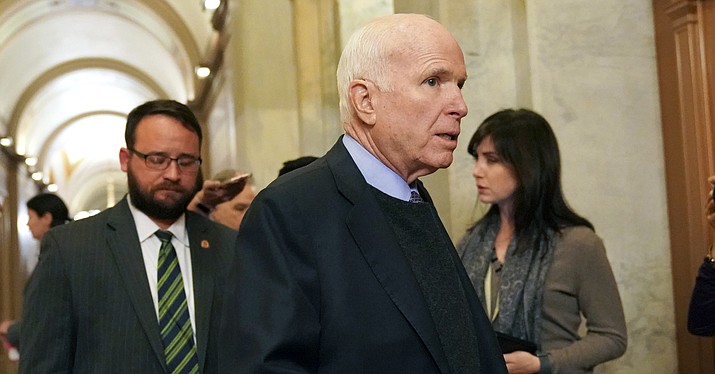 In this Nov. 13, 2017 photo, U.S. Sen. John McCain, R-Ariz., arrives on Capitol Hill in Washington. On Twitter Sunday, McCain said it is "critical" that Robert Mueller be allowed to complete a thorough investigation into Russia's interference in the 2016 election. (Pablo Martinez Monsivais, AP Photo/File)