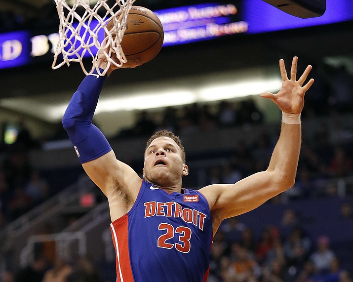 Detroit Pistons forward Blake Griffin (23) shoots against the Phoenix Suns during the first half of an NBA basketball game Tuesday, March 20, 2018, in Phoenix. (Matt York/AP)