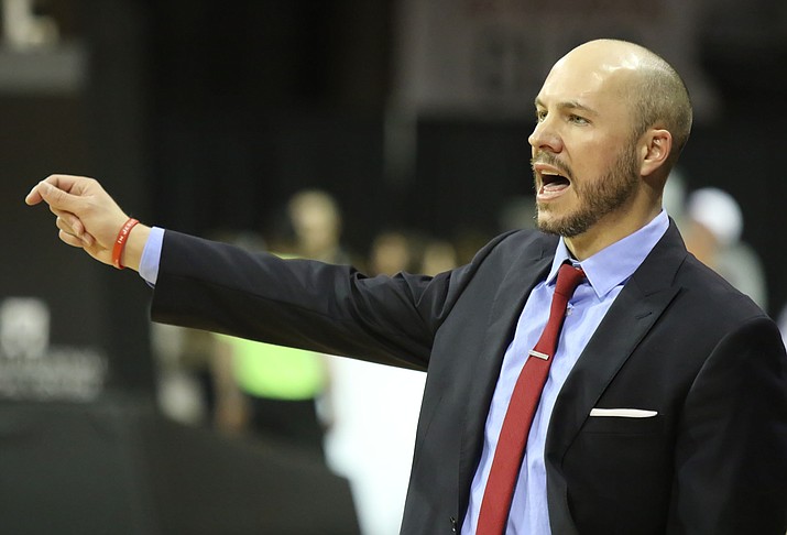 Northern Arizona head coach Cody Toppert coaches his players as the Suns hosted the Texas Legends on Wednesday, March 21, 2018, in Prescott Valley. Toppert is 21-27 in his first year leading the Suns, with two games remaining at home against Sioux Falls on Friday and Saturday, March 23 and 24, in Prescott Valley. Both games tipoff at 7 p.m. (Matt Hinshaw/NAZ Suns)