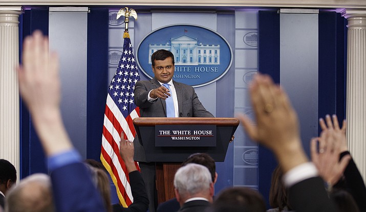White House principal deputy press secretary Raj Shah takes questions during the daily news briefing at the White House, in Washington, Monday, March 26, 2018.(AP Photo/Carolyn Kaster)

