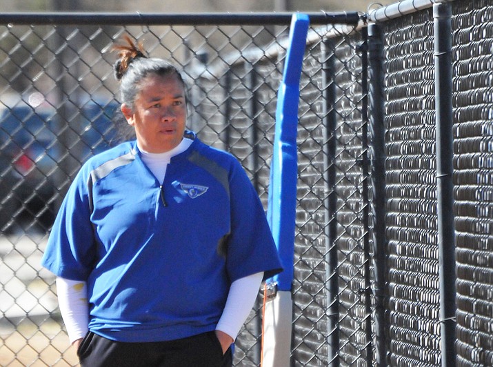 Embry-Riddle interim head coach Jaime Long paces near the dugout as her Eagles take on San Diego Christian in a doubleheader Wednesday, March 28, 2018, in Prescott. Embry-Riddle swept the Hawks, earning a program-best 18 wins with a month to go in the regular season. (Brian M. Bergner Jr./Courier)