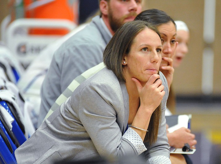 Embry Riddle women's basketball coach Becky Burke watches the action as the Eagles hosted Cal-Maritime on Feb. 1, 2018, in Prescott. Burke, along with her coaching staff and players, will host a summer camp June 11-14. (Les Stukenberg/Courier, File)