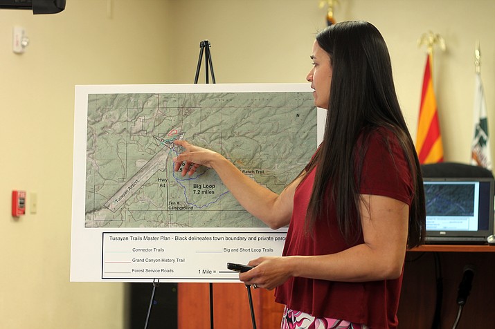 Sirena Dufault of Trails Inspire explains proposed trails for the Tusayan community at a public meeting March 28.  (Erin Ford/WGCN)