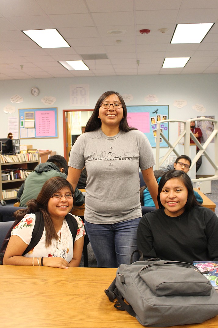 Brianna Laban, a Hopi High graduate, with Hopi High students Mallory Nutumya and Myra Mahle. (Stan Bindell/NHO)