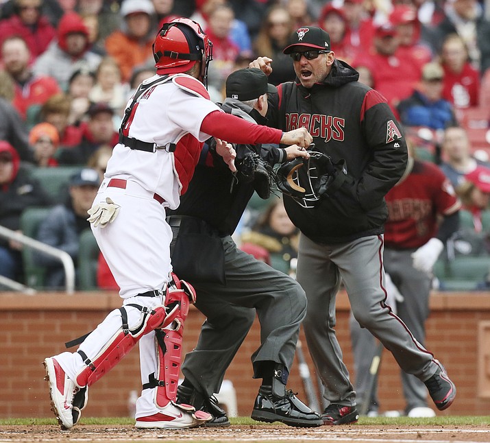 Arizona Diamondbacks manager Torey Lovullo gestures at St. Louis Cardinals catcher Yadier Molina as he argues balls and strikes with home plate umpire Tim Timmons in the second inning of a baseball game on Sunday, April 8, 2018, in St. Louis, Mo. Molina took offense to Lovullo's comments which led to a bench-clearing scuffle at home plate. (Chris Lee/St. Louis Post-Dispatch, via AP)