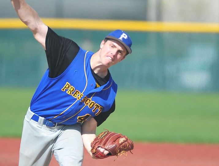 Prescott’s Kody Jones pitched a one-hit shutout as the Badgers beat Bradshaw Mountain 10-0 Tuesday, April 10, 2018, in Prescott Valley.  (Les Stukenberg/Courier)