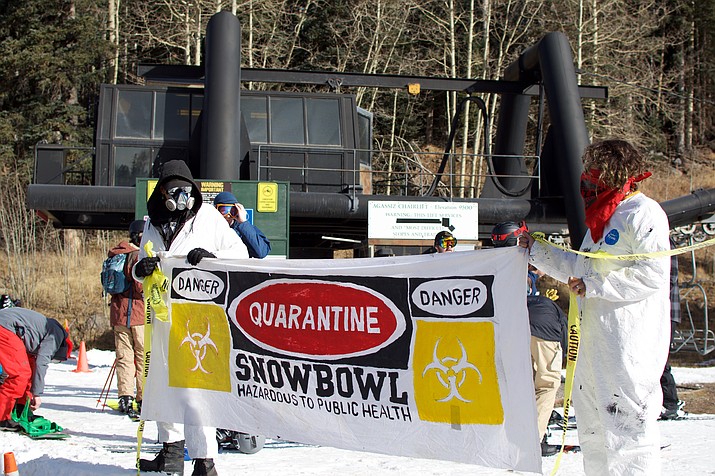 In November, protestors blocked a portion of the ski run  at Arizona Snowbowl in Flagstaff as the skie area prepared to open with only man-made snow. Protestors later moved when law enforcement threatened action. (Photo/Dustin Wero)