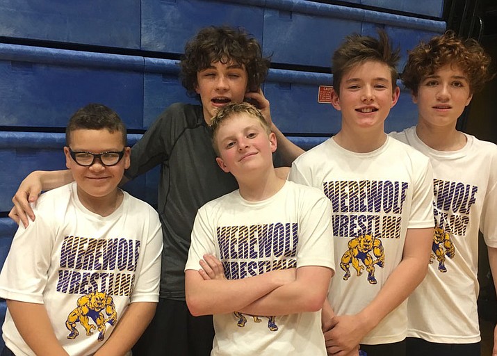From left to right: Raymond Acosta, Jacob Tobin, Nash Routson, Gentry Smith and Pierce Cate-Bacerra participated in the annual Werewolf Youth Wrestling Tournament on Friday, April 6, in Prescott. (Prescott Youth Wrestling/Courtesy)