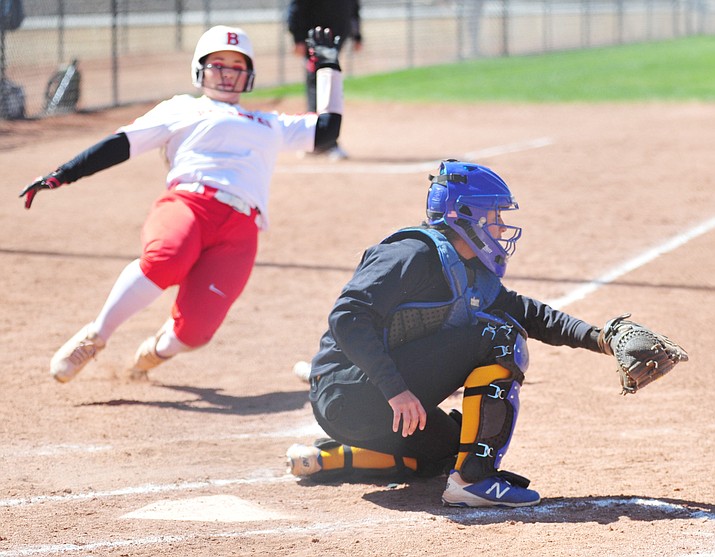 Embry-Riddle's Elyssa Bramer gets the ball at home with a runner approaching as the Eagles take on Benedicine-Mesa in Prescott Friday, April 13, 2018. (Les Stukenberg/Courier)