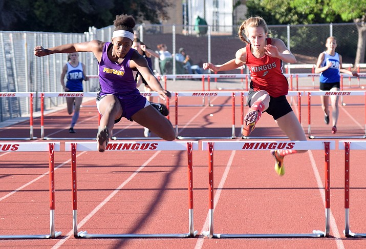 Mingus senior Hannah DeVore wins the 300 meter hurdles at the Mingus Invitational on Friday. (VVN/James Kelley)