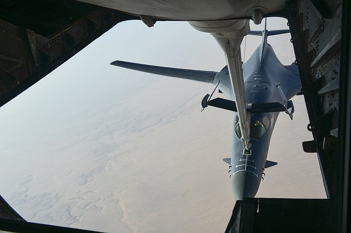 In this image released by the Department of Defense, a U.S. Air Force B-1 Bomber separates from the boom pod after receiving fuel from an Air Force KC-135 Stratotanker on April 13, 2018, en route to strike chemical weapons targets in Syria. President Donald Trump declared “Mission Accomplished” for a U.S.-led allied missile attack on Syria’s chemical weapons program, but the Pentagon said the pummeling of three chemical-related facilities left enough others intact to enable the Assad government to use banned weapons against civilians if it chooses. (Department of Defense via AP)

