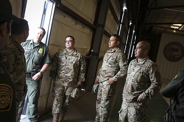 The New Mexico Army National Guard Liaison Team visited the U.S. Border Patrol El Paso Sector to meet and coordinate preparations for their upcoming deployment in support of border security operations April 7, 2018. Left to Right: LTC D. Hughes, USBP Operations Officer A. Buckert, MAJ C. Silva, MAJ S. Hands, NM Task Force Commander LTC G. Vargas. (Photo by U.S. Border Patrol Agent Marcus Trujillo)
