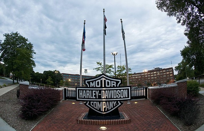 In this July 19, 2010, file photo, a sign is seen outside the Harley-Davidson headquarters in Milwaukee. Harley-Davidson is offering free motorcycles for those who join its 2018 summer internship program. The Milwaukee-based motorcycle maker says it will teach the interns how to ride, compensate them for their work and travels, and let them keep their motorcycles. (AP Photo/Morry Gash, File)

