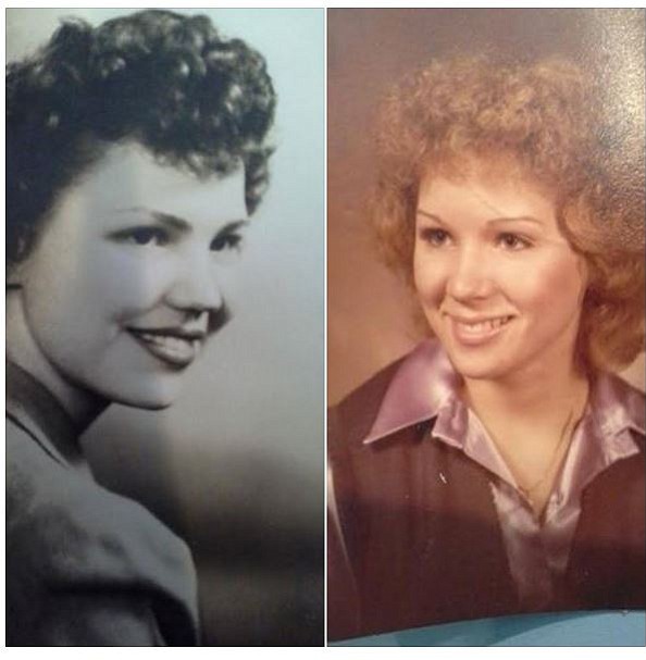 Jeanette Herring (Mother).Melanie Tolzmann (Daughter) ..Both pictures are of their graduation from High School. .18 years of age when taken. .Now, daughter is 55 and mother is 91 still living !