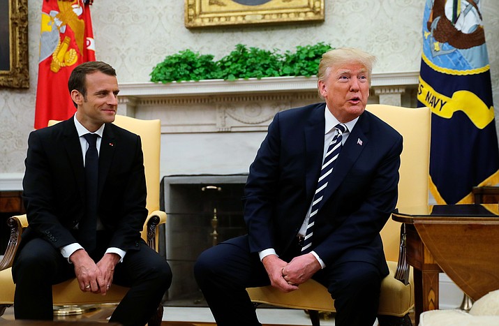 President Donald Trump talks at the beginning of his meeting with French President Emmanuel Macron in Oval Office of the White House in Washington, Tuesday, April 24, 2018. (AP Photo/Pablo Martinez Monsivais)

