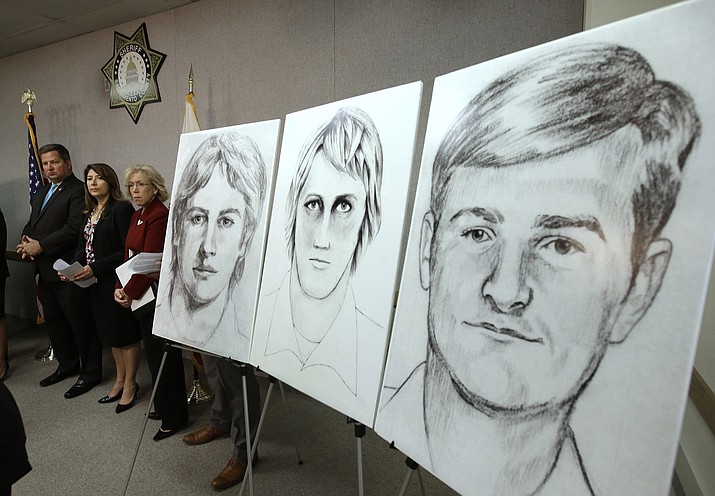 In this June 15, 2016, file photo, law enforcement drawings of a suspected serial killer believed to have committed at least 12 murders across California in the 1970's and 1980's are displayed at a news conference about the investigation, in Sacramento, Calif. The Sacramento County District Attorney's Office plans to make a 'major announcement" Wednesday, April 25, 2018, in the case of the elusive serial killer. (AP Photo/Rich Pedroncelli, File)
