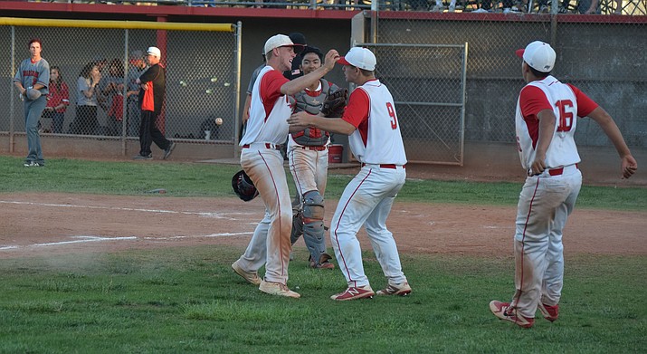 Mingus baseball players celebrate their 9-8 win over Bradshaw Mountain on Wednesday in the state play-in. (VVN/James Kelley)