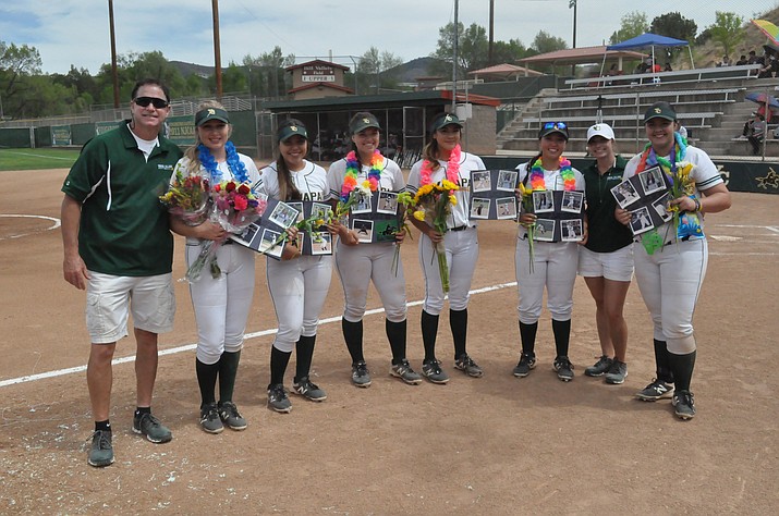 Yavapai College head coach Doug Eastman, left, stands with his sophomore class before the Roughriders swept a doubleheader with Glendale Community College on Thursday, April 26, 2018, in Prescott. (YC Athletics/Courtesy)