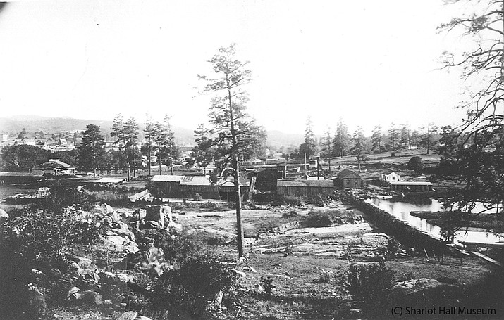 Miller Creek Dam and Pump house, 1884. From “Notes on the History of Prescott’s Water Supply,” by Clarence E. Yount, M.D. (Sharlot Hall Museum/Courtesy, call number Book-333.9YOU-pgs.5-6).