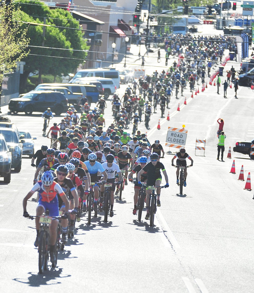 50-milers start the race during the Whiskey Off Road 30 and 50 mile amateur races in Prescott Saturday, April 28, 2018. (Les Stukenberg/Courier)