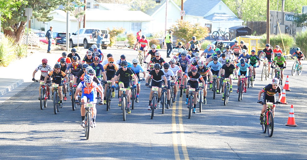 50-milers start the race during the Whiskey Off Road 30 and 50 mile amateur races in Prescott Saturday, April 28, 2018. (Les Stukenberg/Courier)