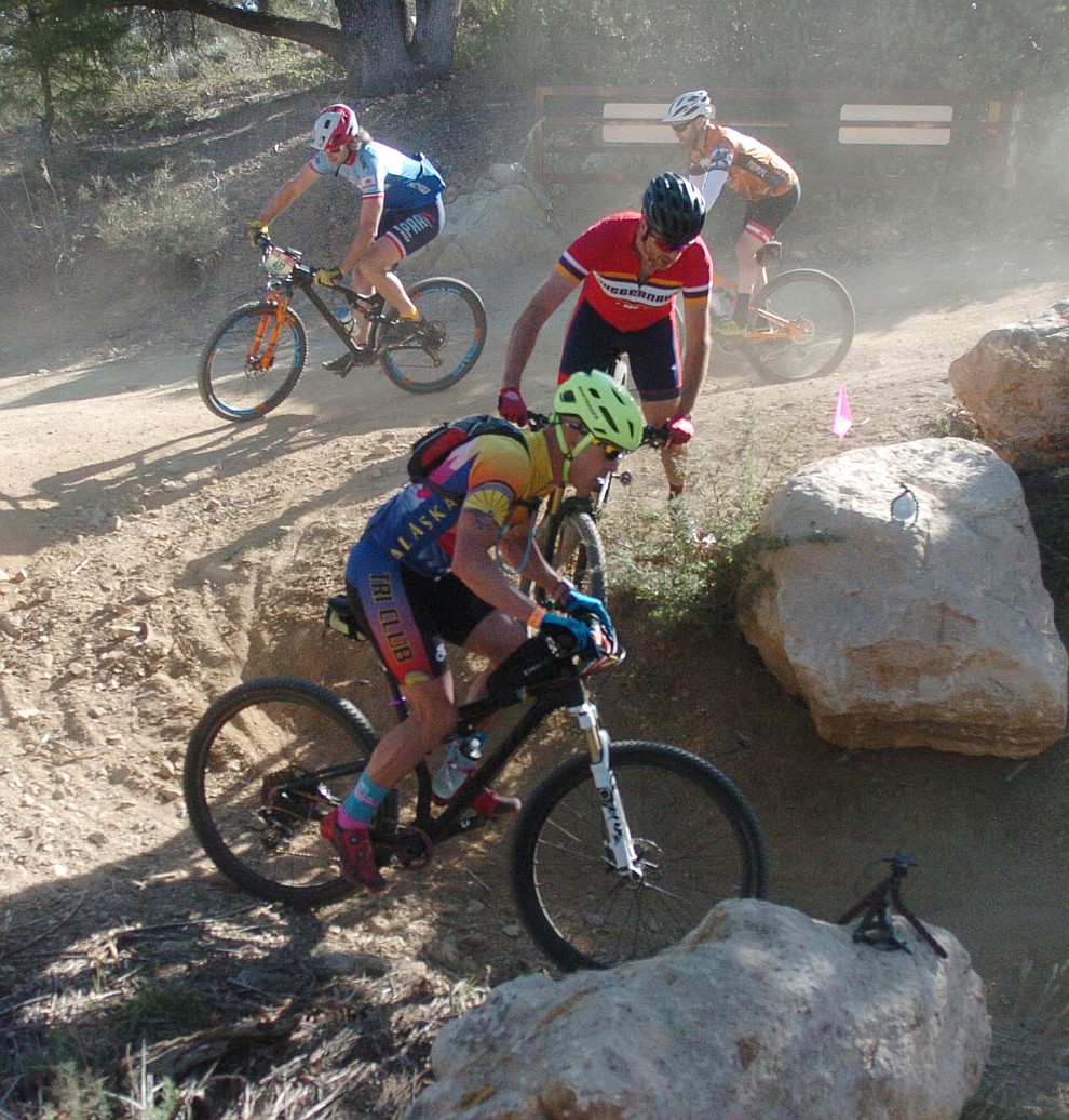 Tight turns on course gave riders some choices during the Whiskey Off Road 30 and 50 mile amateur races in Prescott Saturday, April 28, 2018. (Les Stukenberg/Courier)