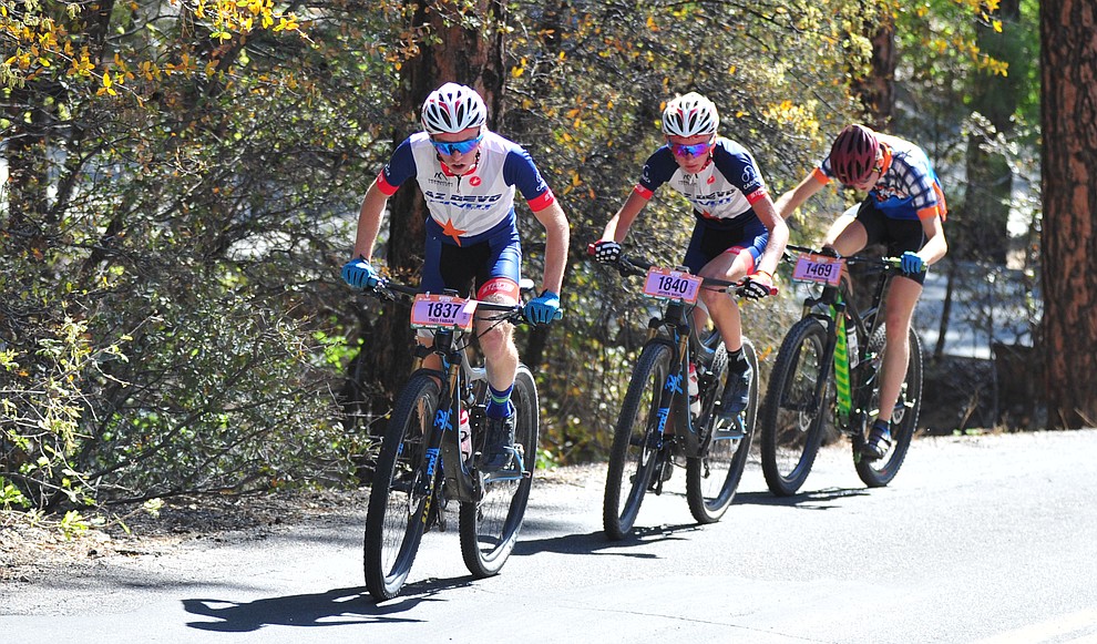 Theo Fabian, Kevin Anderson and Jayden Wight on course during the Whiskey Off Road 30 and 50 mile amateur races in Prescott Saturday, April 28, 2018. (Les Stukenberg/Courier)