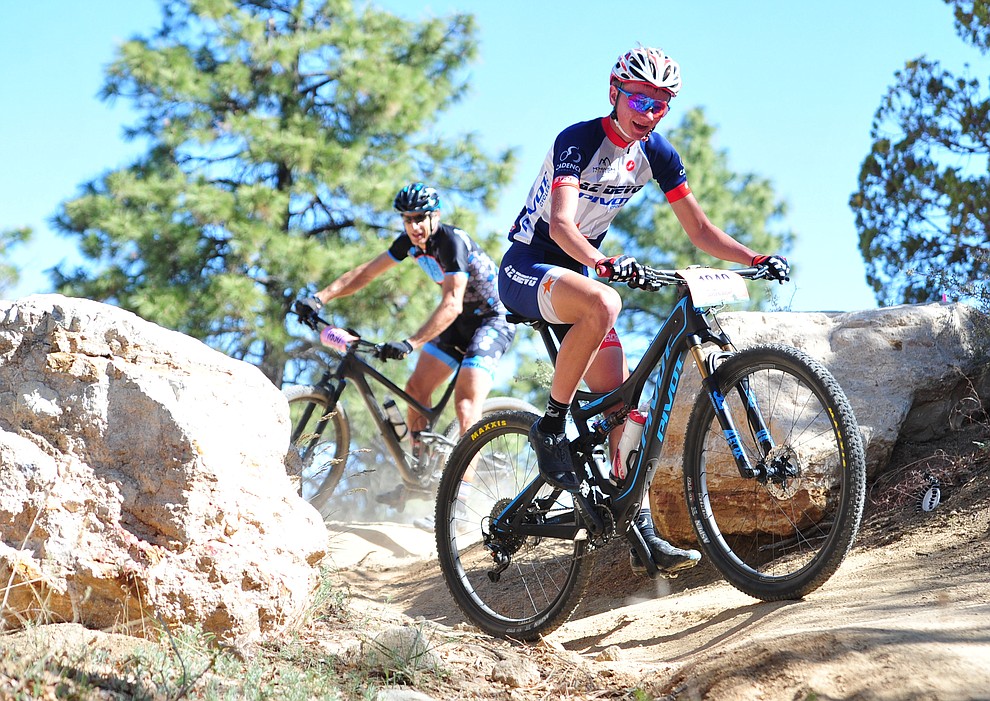 Jayden Wight on course with Joe Susco right behind him during the Whiskey Off Road 30 and 50 mile amateur races in Prescott Saturday, April 28, 2018. (Les Stukenberg/Courier)