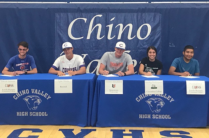 Five student-athletes from Chino Valley signed their letter of intent April 25 to attend college and play their respective sports. From left to right: David Gehman, cross-country, Estrella Mountain Community College; Tyler Hixon, baseball, undecided; Colton Sandberg, football, Jamestown University; Rocky Rodriguez, basketball, Clarendon College; and Avery Humeyestewa, cross-country, Estrella Mountain C.C. (CVHS Athletics/Courtesy)