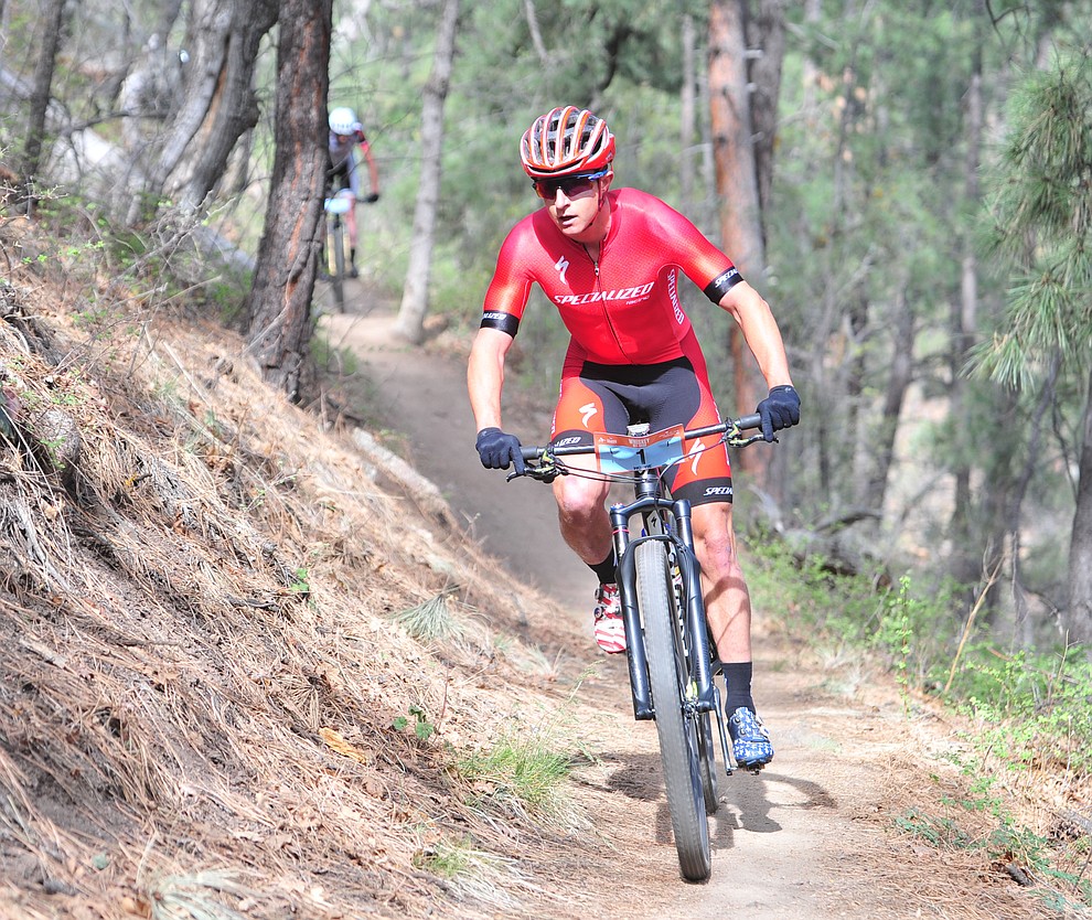Howard Grotts on tril 48 during the Whiskey Off Road 50 mile professional race in Prescott Sunday, April 29, 2018. (Les Stukenberg/Courier)