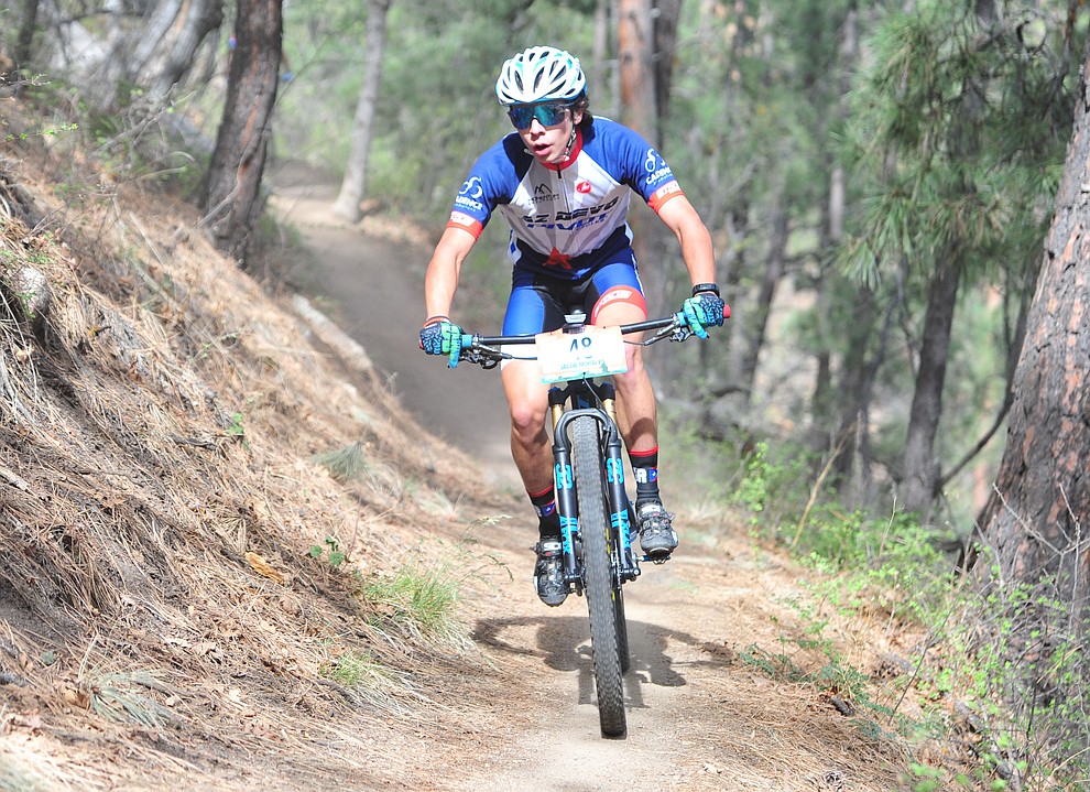 Jacob Morales on trail 48 during the Whiskey Off Road 50 mile professional race in Prescott Sunday, April 29, 2018. (Les Stukenberg/Courier)